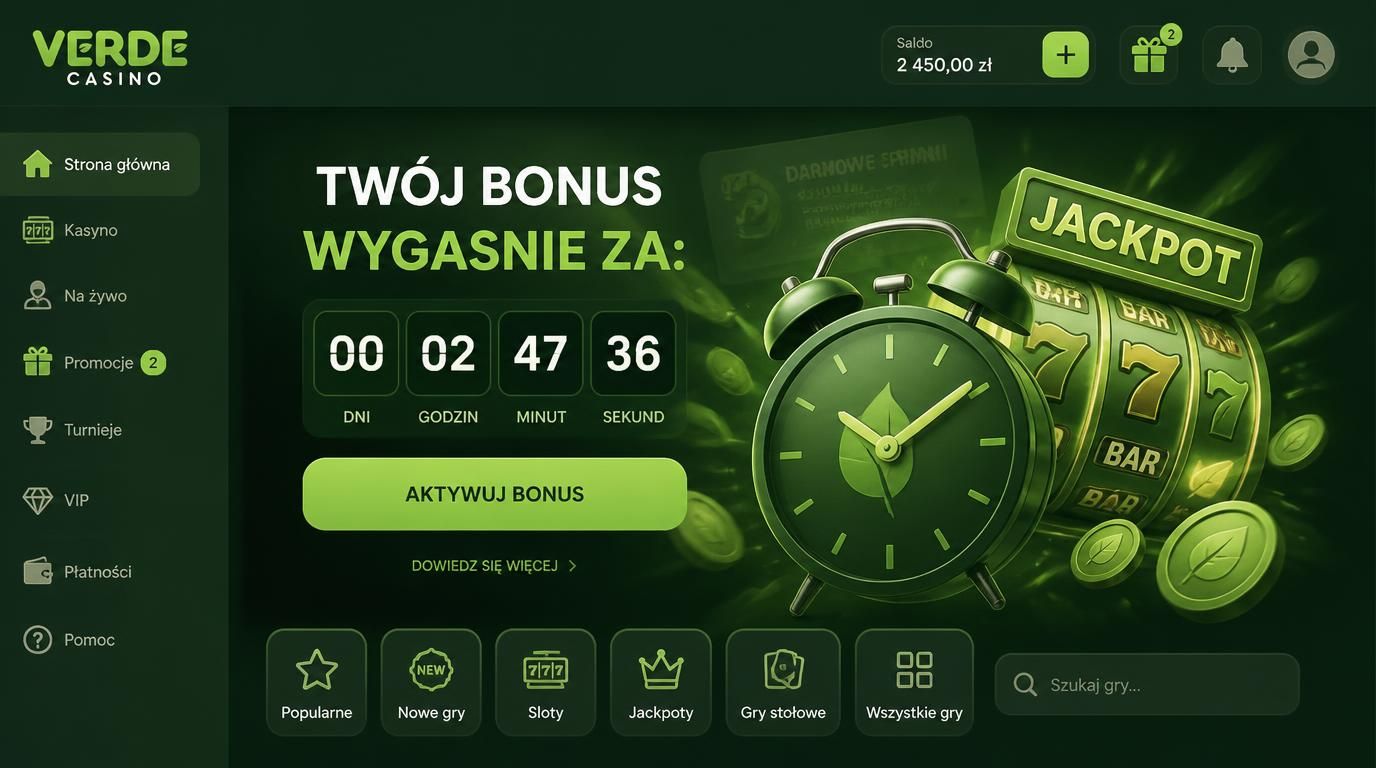 zegar bonus wygasa, automat z jackpotem i promocyjne smugi światła
