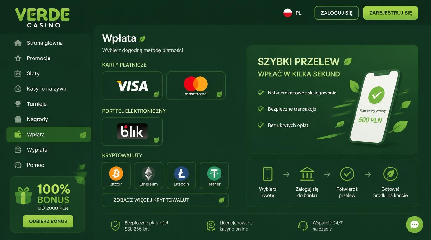 Ikony kart, portfela, kryptowalut i polskiej flagi nad formularzem wpłaty