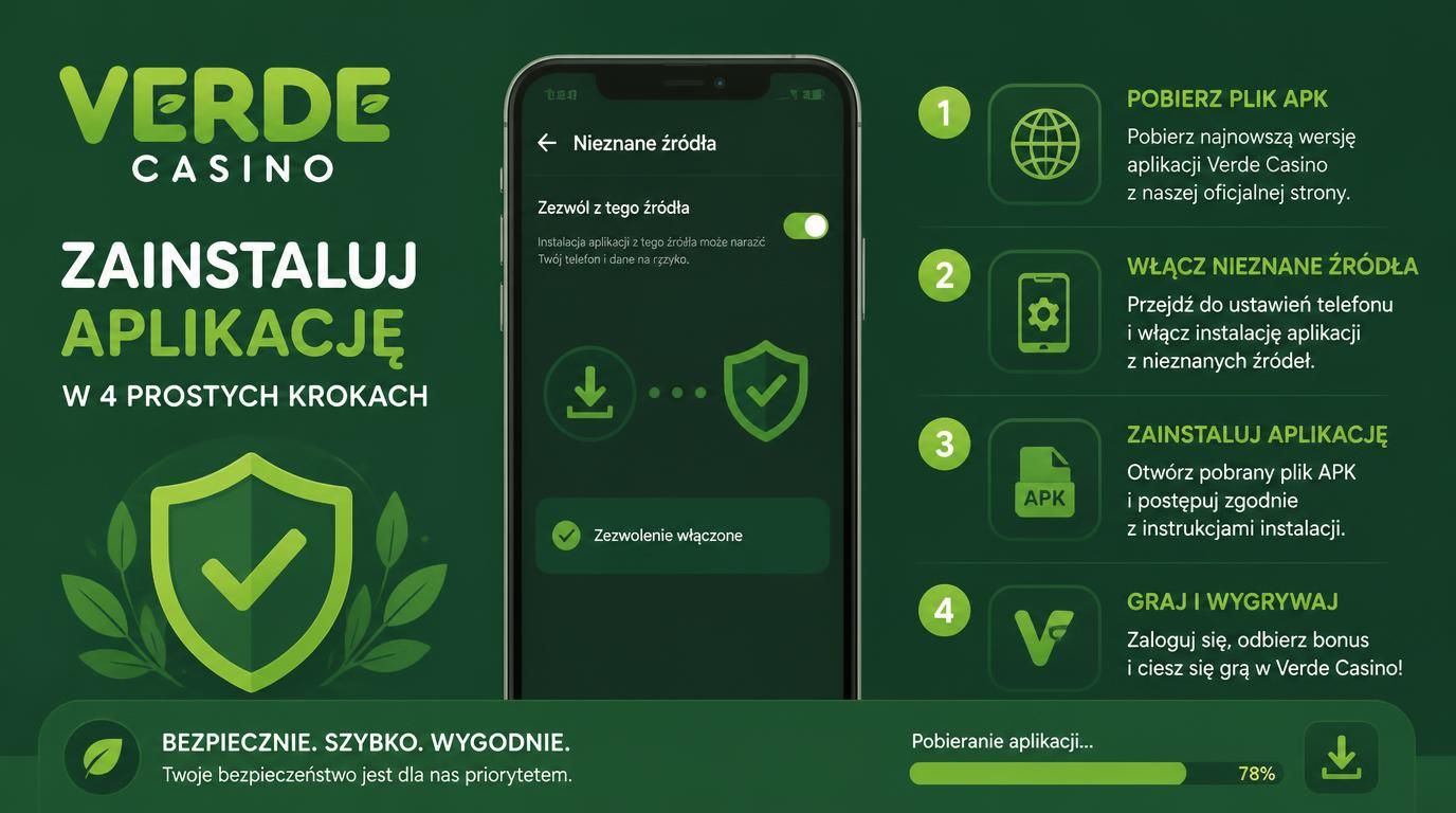 Telefon z Androidem pokazujący instalację spoza Sklepu Play, z logo Verde Casino i ikoną bezpieczeństwa