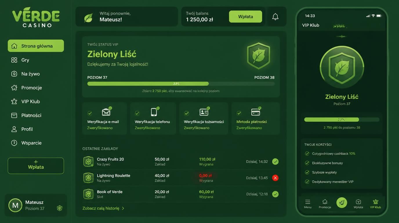 Interfejs VIP w aplikacji z widocznym statusem, historią zakładów, dokumentacją KYC
