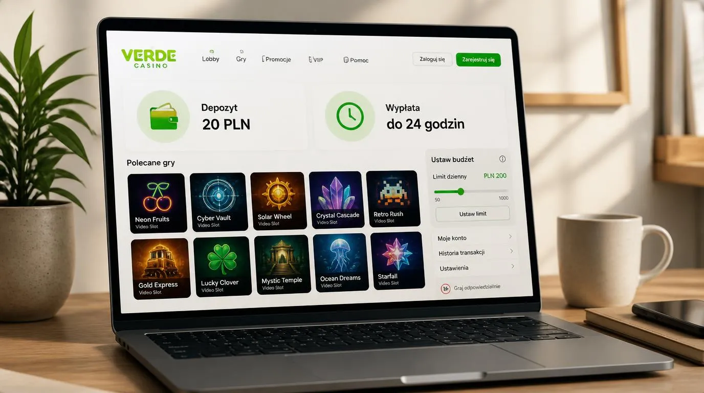 Panel kasyna z depozytem 20 PLN, wypłatą do 24 godzin i kafelkami gier na ekranie laptopa