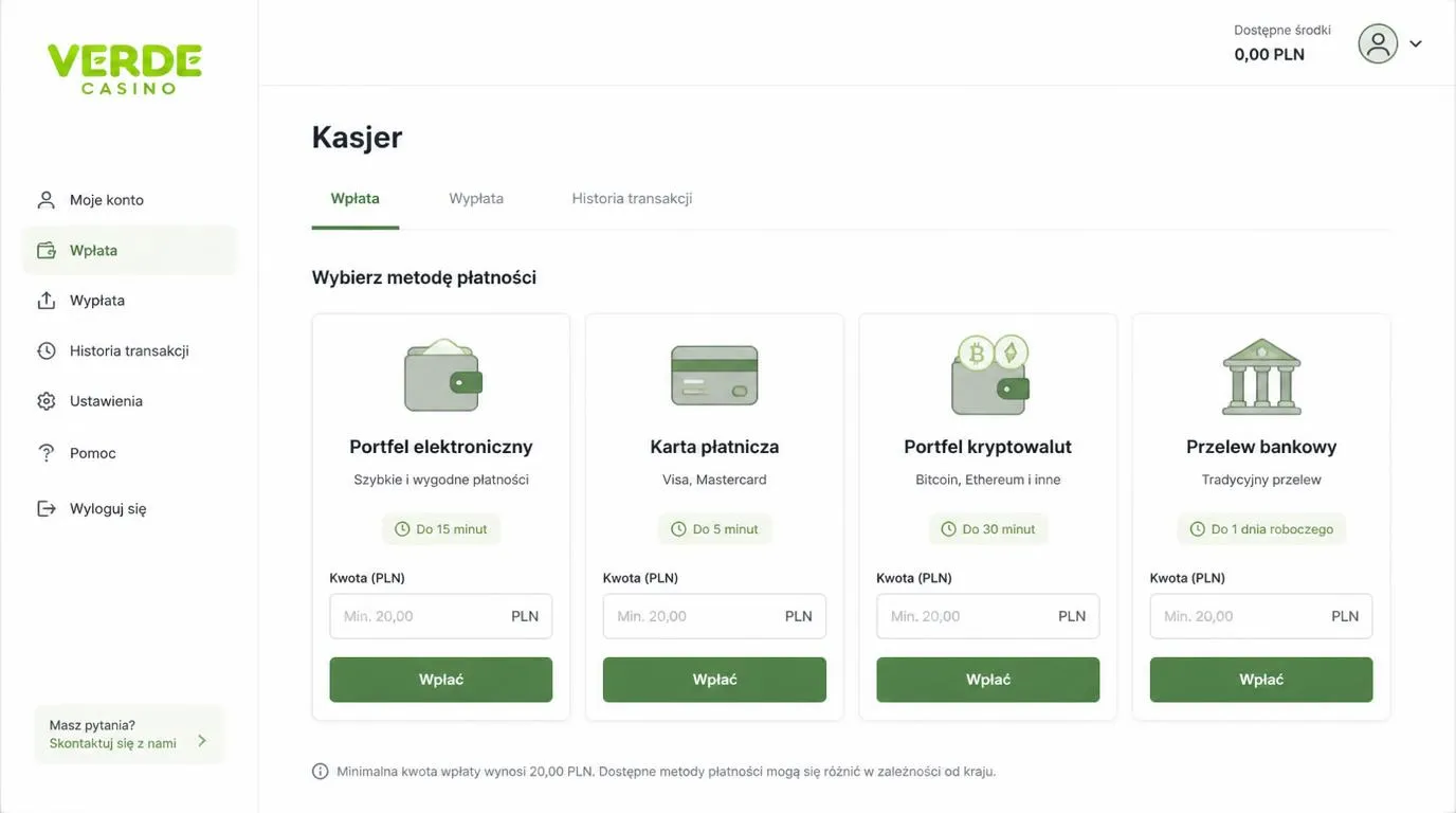 Panel kasy z portfelem elektronicznym, kartą, kryptowalutami i przelewem oraz informacjami o czasie wypłaty